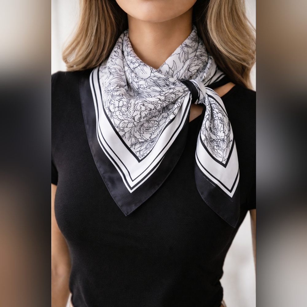 NWT Black & White Floral Square Scarf | Monochrome Chic 🖤🤍| 35x35 Classic